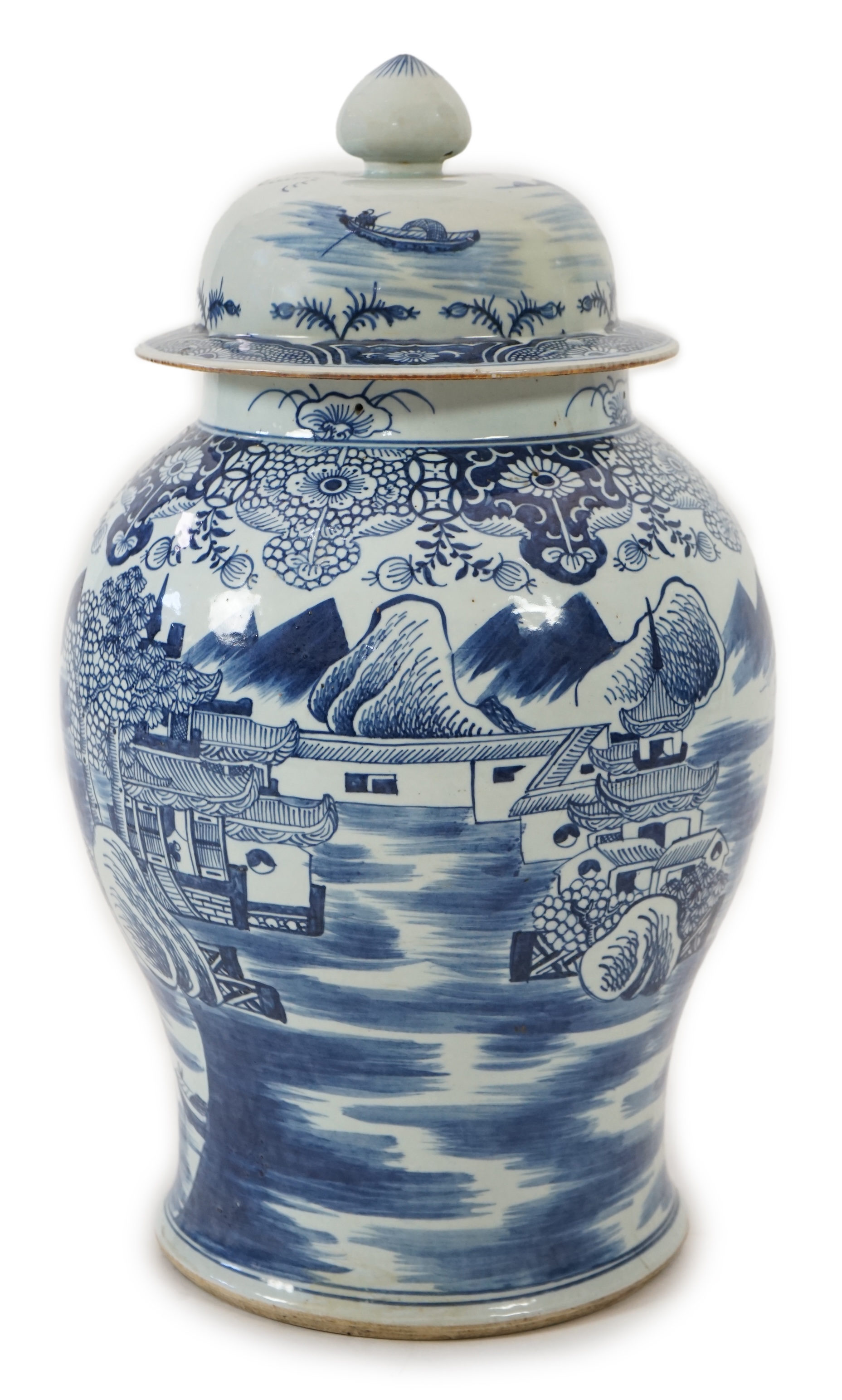 A massive Chinese blue and white ‘temple’ jar and cover, Qianlong period